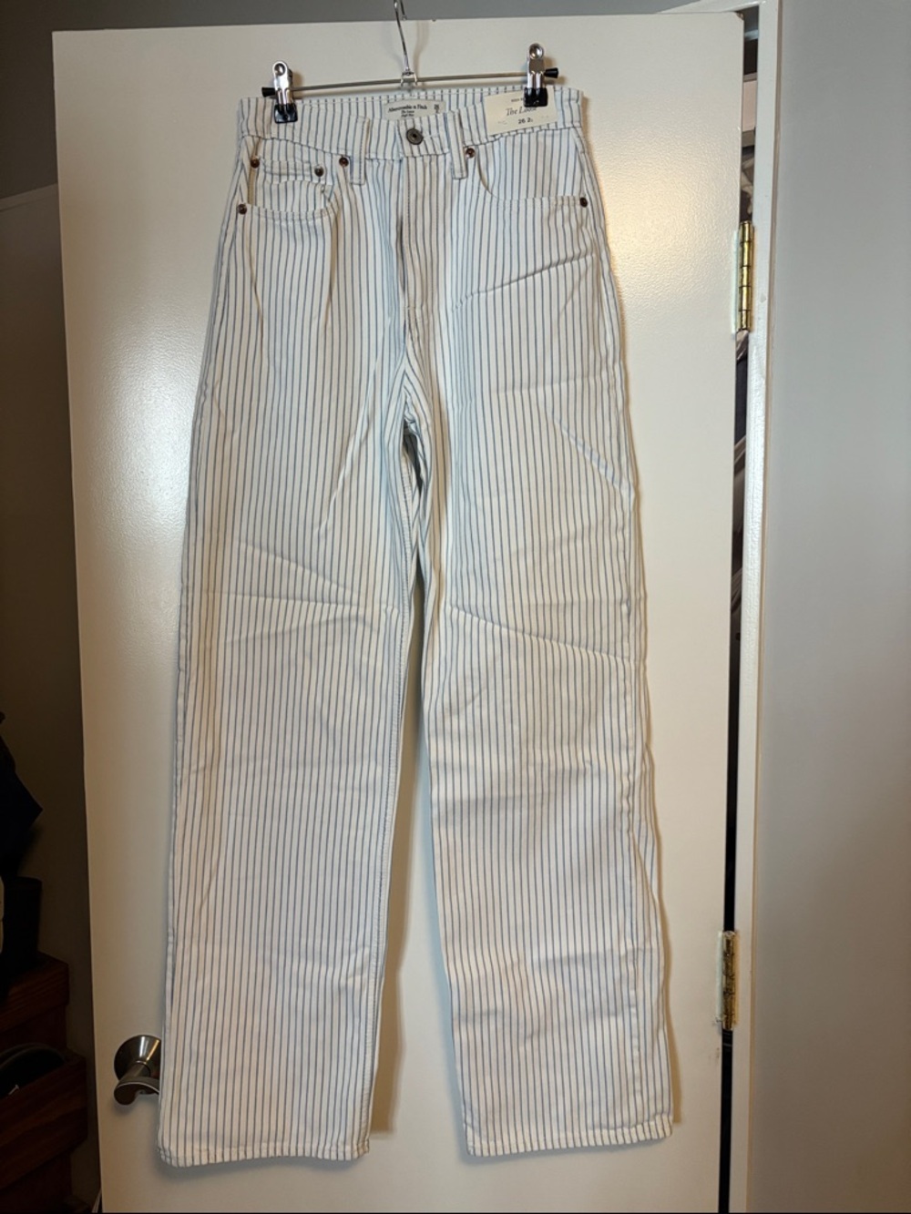 Abercrombie Striped High-Waist Wide Leg Jeans - Blue on White